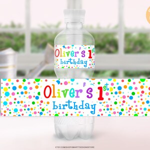 Editable Polka Dots Water Bottle Labels, Birthday Party Supply, Bright Circles Water Stickers, Bright Spots Water Label, Any Age, Any Text