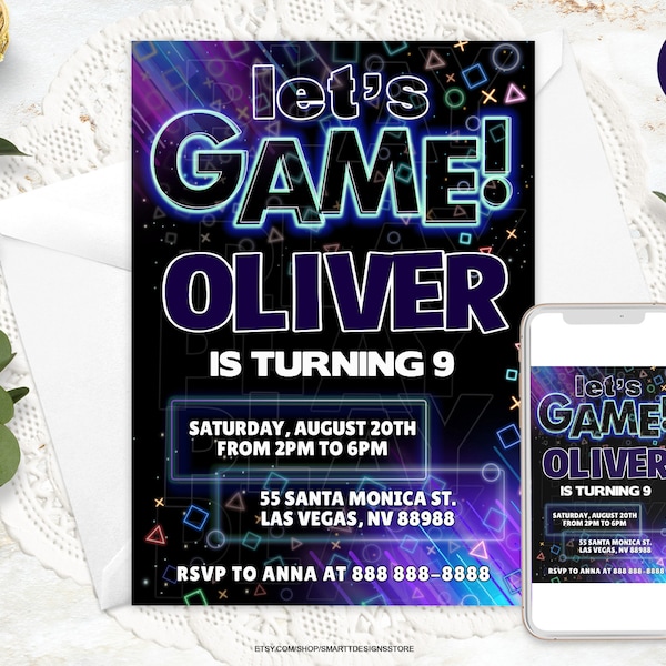 Editable Computer Game Birthday Invite, Let's Game Printable Invitation Template, Video Game Party Invite, Gamers Birthday Invite, Any Age