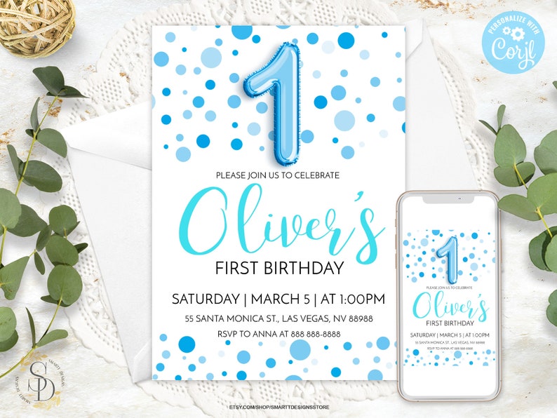 Editable Baby Boy First Birthday Invitation, Boy 1st Birthday Party