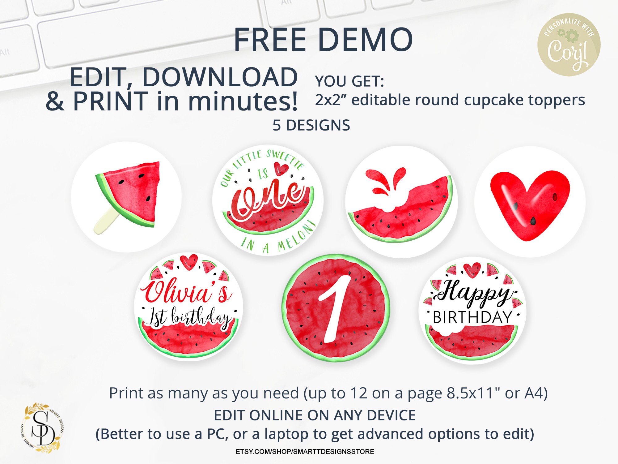 Editable Watermelon First Party Cupcake Toppers Template, Girl 1st Birthday Decor, One in a ...