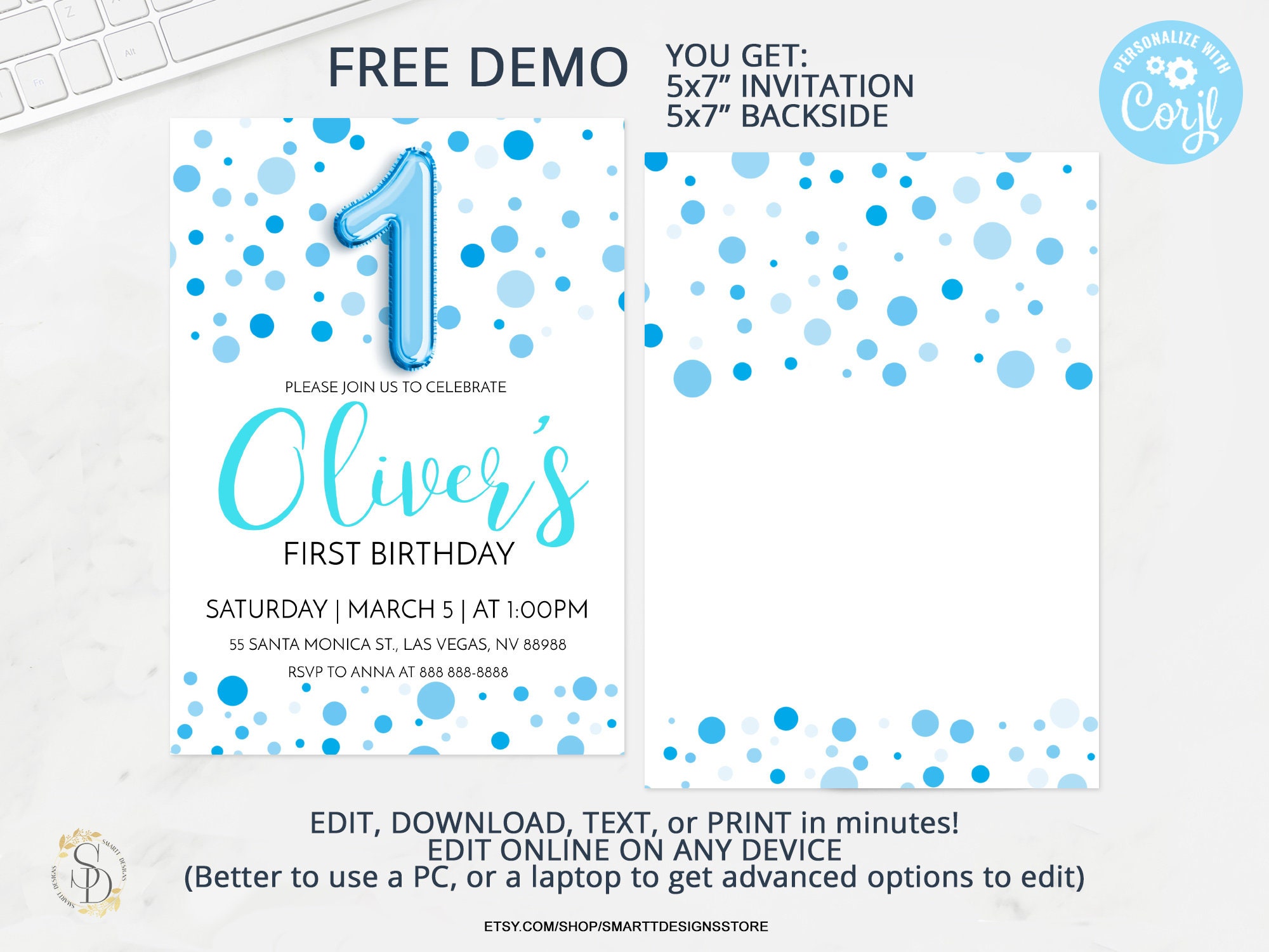 Editable Baby Boy First Birthday Invitation, Boy 1st Birthday Party
