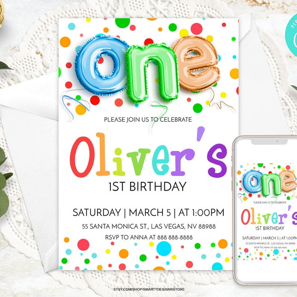 Editable Boy First Birthday Rainbow Polka Dots Invitation, Baby One Invite, Generic Colorful Spots Template, Boys 1st Party Ballons Design