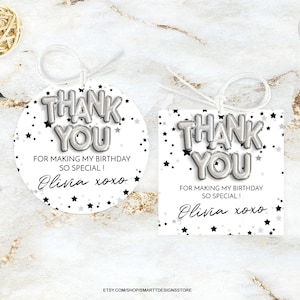 Editable Silver Balloons Birthday Thank You Tag, Stars Birthday Printable Favor Tag, Round Circles Square Gender Neutral Gift Bag Stickers