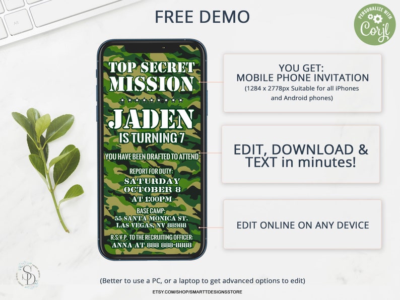 Editable Army Birthday Invitation, Boy Military Party Mobile Phone