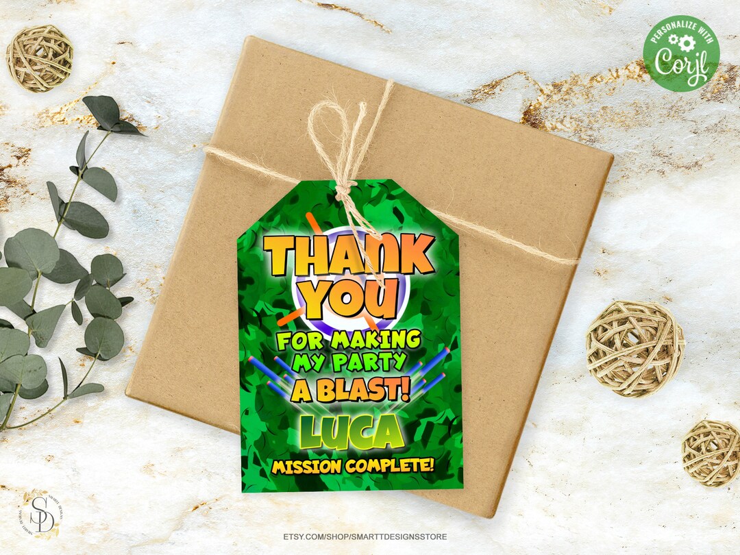 Editable Dart Gun Birthday Thank You Tag Gun Blasters Battle Party 