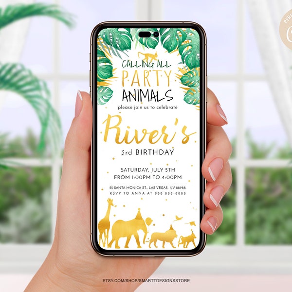 Editable Wild Animals Kids Birthday Invite, Zoo Party Phone Invitation, Gender Neutral Jungle Safari SMS, Calling All Party Animals, Any Age