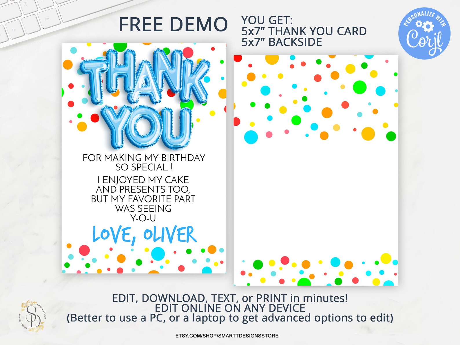 Editable Boy Birthday Thank You Card Rainbow Polka Dots, Baby Balloon ...