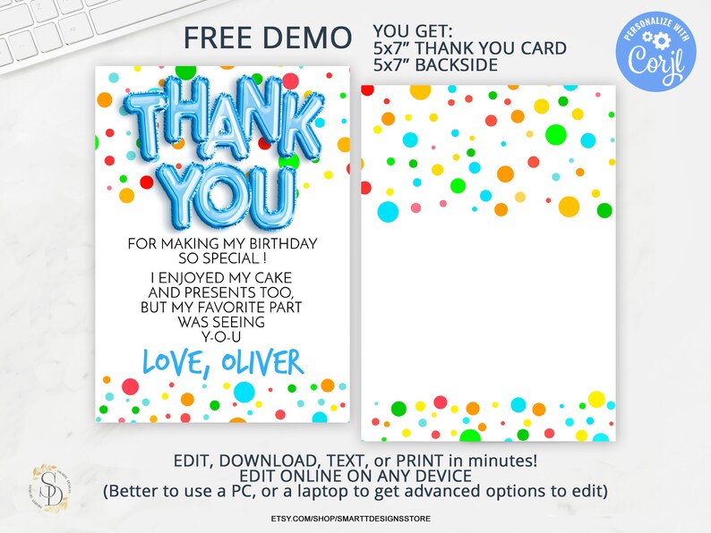 Editable Boy Birthday Thank You Card Rainbow Polka Dots, Baby Balloon ...