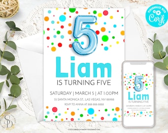 Boys Birthday Customizable Balloon Invitation, Boy 5th Party Self Edit Ballons Invite, Any Age Bright Colors Polka Dots Template, Rainbow