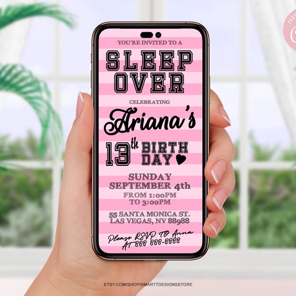 Editable Girls Sleepover Party Text Invite, Slumber Party Mobile Phone Invitation Template, Girls Pink Birthday, Sleep Under SMS, Any Age