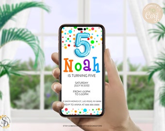 Editable Balloons Birthday Digital Invite, Colorful Polka Dots Phone Invitation Template, Gender Neutral Kids Party Evite, Text SMS, Any Age