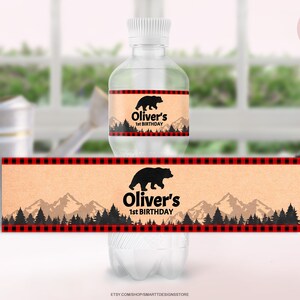 Boy Birthday Editable Water Bottle Labels, Lumberjack Party Printable Bottle Stickers, Woodland Boho Template, Buffalo Plaid Craft Design