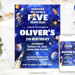 Editable Boy 5th Birthday Outer Space Invite, Houston We Have a Five Year Old, Cosmic Party Invitation, Planets Galaxy Stars Invites