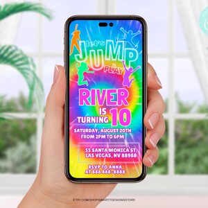 Editable Jump Birthday Mobile Phone Invitation, Gender Neutral Tie Dye Trampoline Party Text Invite, Colorful Rainbow Bounce House Party SMS