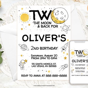 Boys 2nd birthday space theme self-editing invite, Two the Moon and Back text, sketch style template, white color