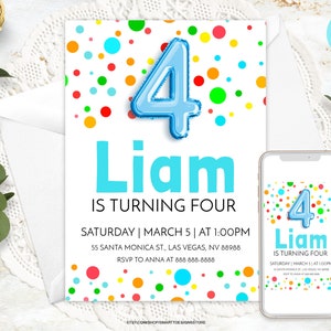 Editable Boy 4th Birthday Polka Dots Invitation, Boy Fourth Party Ballon Digit Invite, Bright Rainbow Colors Round Circles Template, Any Age