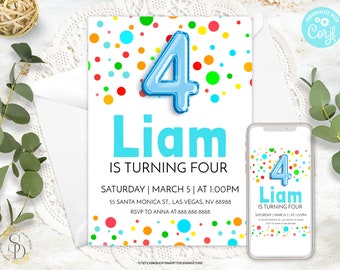 Editable Boy 4th Birthday Polka Dots Invitation, Boy Fourth Party Ballon Digit Invite, Bright Rainbow Colors Round Circles Template, Any Age
