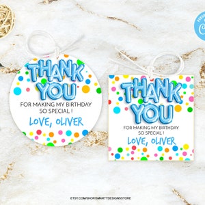 Editable Polka Dots Boy Birthday Thank You Tag, Blue Foil Balloons Birthday Printable Favor Tag, Rainbow Circles Gift Bag Stickers Template