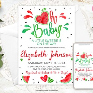 Editable Baby Shower Watermelon Invitation, Our Little Sweetie Is on the Way, Oh Baby, Sweet Melon Fruits Shower Template, Instant Download