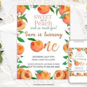 Peach First Birthday Invitation Template: Summer Fruits Party (Digital)