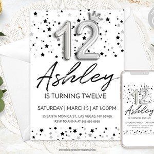 Customizable Girls Birthday Princess Foil Balloon Invitation, Girl 12th Party Self Edit Stars Invite, Black White Silver Template, Any Age
