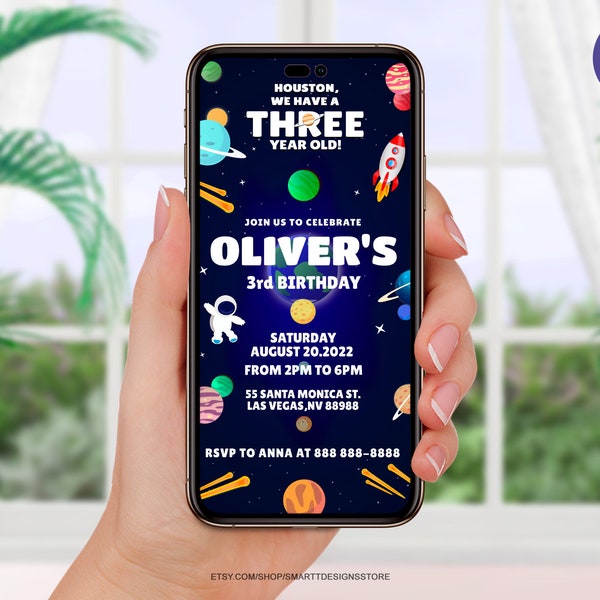 Editable Outer Space 3rd Birthday Invite, Galaxy Planets Phone Invitation Template, Houston We Have a Three Year Old, Boy Third Birthday