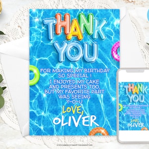 Editable Pool Party Thank You Card, Summer Pool Birthday Thank You Note, Gender Neutral Printable Pool Party TU Card Template, Any Text