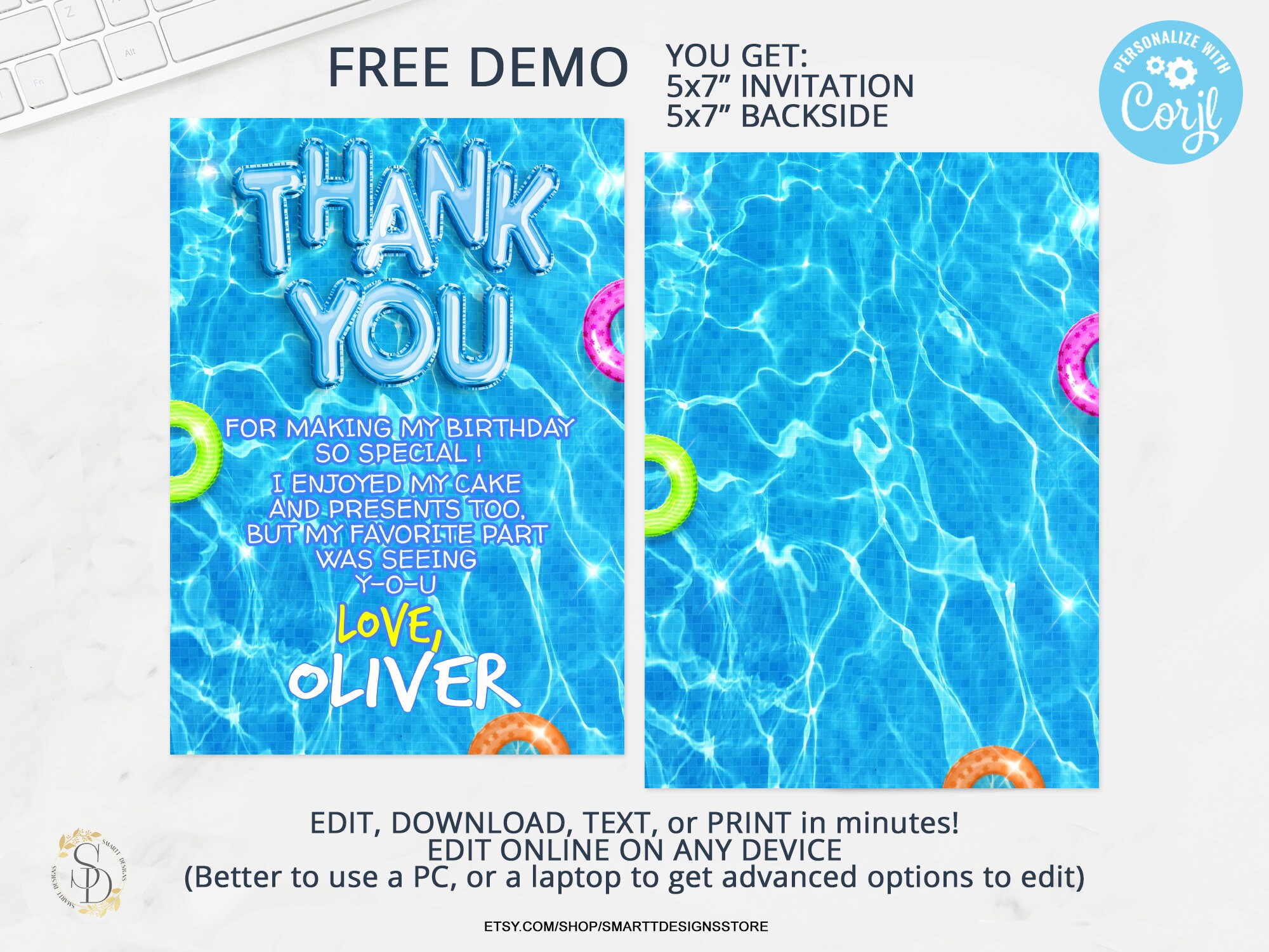 Editable Pool Birthday Party Thank You Card, Summer Pool Party Thank ...