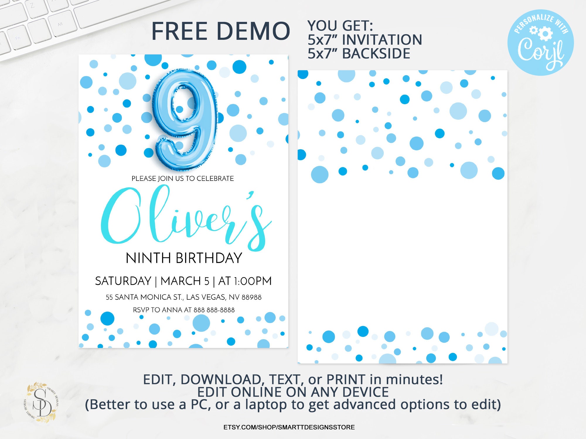 Editable Boy Ninth Birthday Invitation, Boy 9th Birthday Party Polka ...