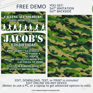 Editable Army Birthday Invitation: Military Party Template - Etsy