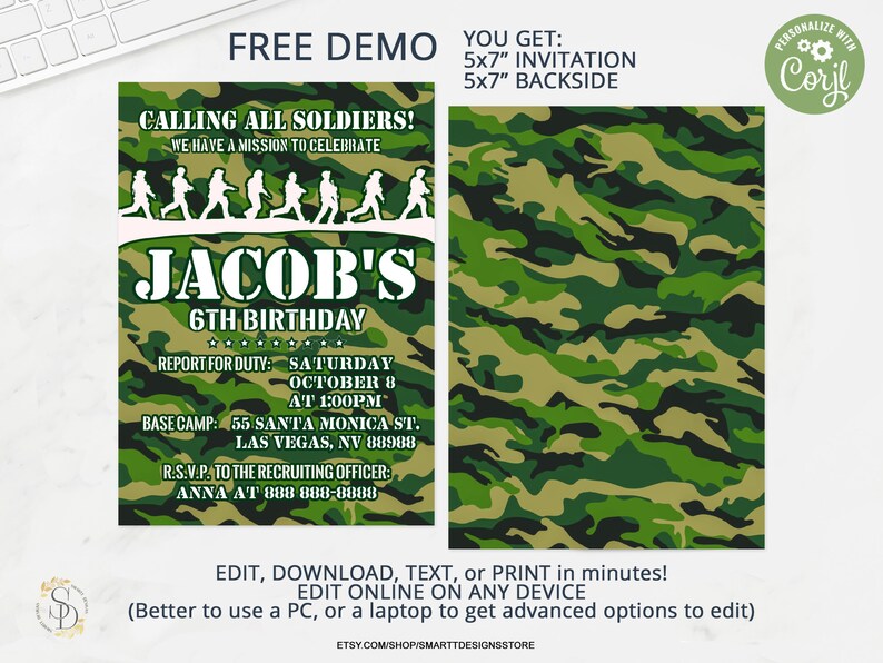 Editable Army Birthday Invitation, Boy Military Party Invite, Army