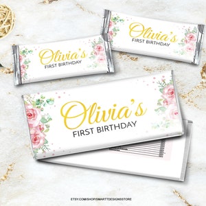 Floral Editable Candy Bar Wrappers, Girl Birthday Roses Hershey Favor Label Wraps, Blush Pink Gold Flowers Custom Chocolate Wrapper Template