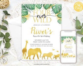 Editable Four Ever Wild Birthday Invite, Gender Neutral Wild Animals Four Zoo Birthday Party Invitation Template, Boys Girls Animals Invite