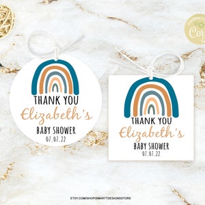Editable Blue Beige Rainbow Baby Shower Thank You Tags, Boy Shower Favor Tag, Bohemian Design, Printable Template, Round and Square TU Label