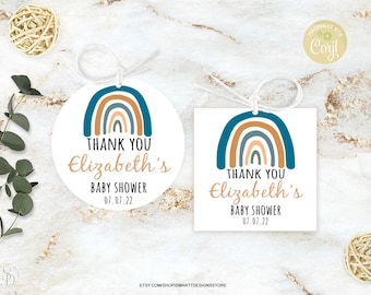 Editable Blue Beige Rainbow Baby Shower Thank You Tags, Boy Shower Favor Tag, Bohemian Design, Printable Template, Round and Square TU Label