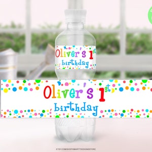 Editable Polka Dots Water Bottle Labels, Birthday Party Supplies, Confetti Water Stickers, Bright Spots Water Label, Any Age, Any Text