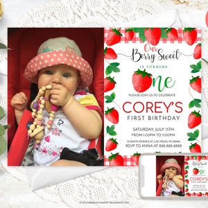 Editable Strawberry First Birthday Photo Invitation, Berry Sweet One Party, Boy Girl Berry First Summer Birthday Party Invite with a Photo