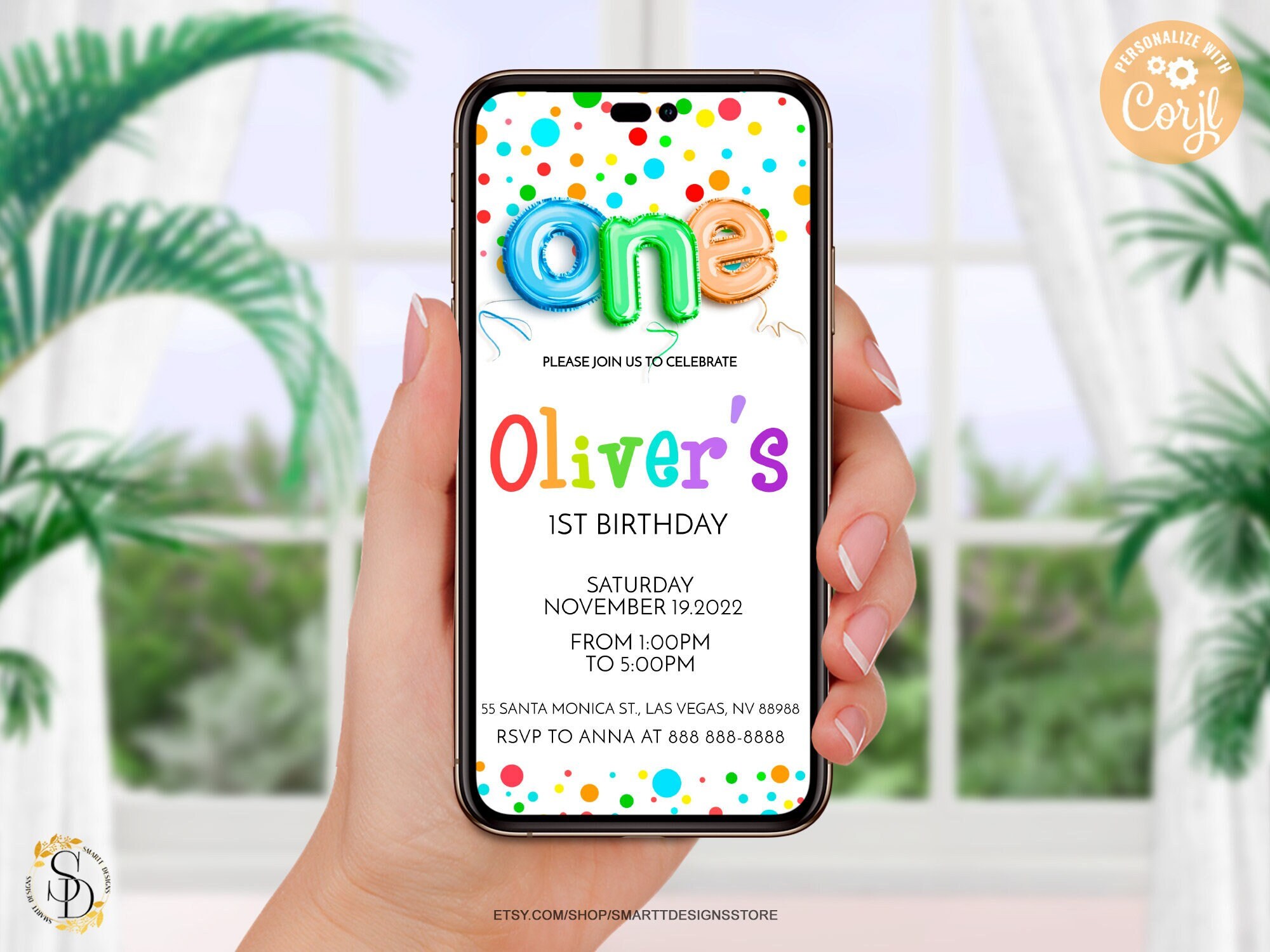 Editable First Birthday Text Invite, Colorful Polka Dots 1st Birthday Party Mobile Phone Invitation, Gender Neutral One Birthday Text Invite