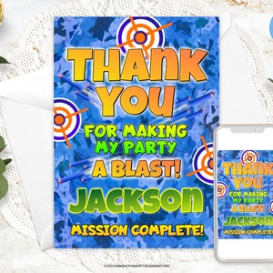 Editable Dart Gun Birthday Thank You Card, Gun Blasters Battle Party Thank You Note, Dart Wars Personalized Thank You Template, Any Text