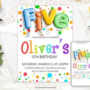 Editable Fifth Birthday Rainbow Polka Dots Invitation, Gender Neutral Five Invite, Generic Colorful Spots Template, Boy Girl Bday Party