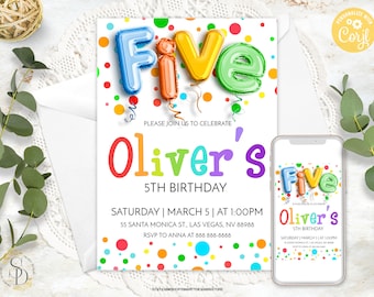 Editable Fifth Birthday Rainbow Polka Dots Invitation, Gender Neutral Five Invite, Generic Colorful Spots Template, Boy Girl Bday Party