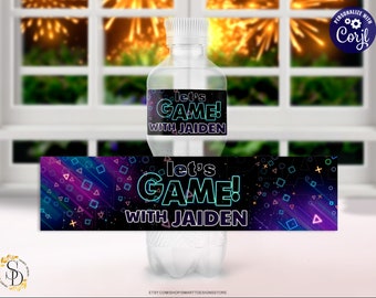 Editable Video Game Party Water Bottle Labels, Computer Game Birthday Party Supply, Gamer Party Water Stickers, Let's Game, Any Age Any Text