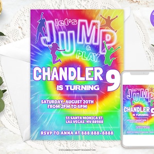 Editable Jump Tie Dye Birthday Invite, Gender Neutral Trampoline Party Invitation, Bounce House Boys Girls Party Invite, Let's Jump, Any Age