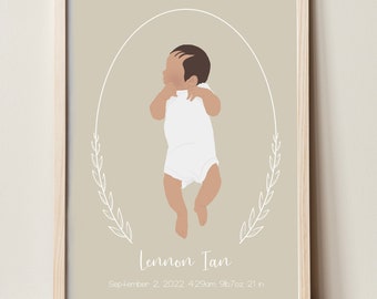 Benutzerdefinierte Baby Portrait, digitale Illustration für Baby, Geburt Stats, Kinderzimmer Dekor, Muttertagsgeschenk, Geschenk für Mama, Baby Geschenk