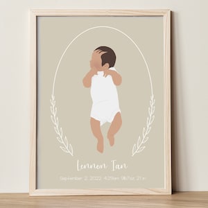 Custom Baby Portrait, Digital Illustration for Baby, Birth Stats, Nursery Decor, Mothers Day Gift, Gift for Mom, Baby Gift