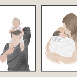 K&ouml;nnte beinhalten: Zwei Aquarell-Illustrationen von Eltern mit ihren Kindern. Die erste Illustration zeigt einen Vater, der ein Kleinkind auf seinen Schultern tr&auml;gt. Die zweite Illustration zeigt eine Mutter, die ein Neugeborenes in ihren Armen h&auml;lt.