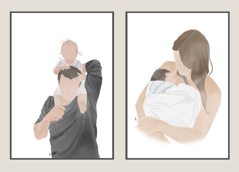 K&ouml;nnte beinhalten: Zwei Aquarell-Illustrationen von Eltern mit ihren Kindern. Die erste Illustration zeigt einen Vater, der ein Kleinkind auf seinen Schultern tr&auml;gt. Die zweite Illustration zeigt eine Mutter, die ein Neugeborenes in ihren Armen h&auml;lt.