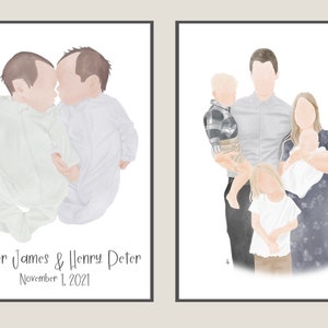K&ouml;nnte beinhalten: Zwei Aquarell-Illustrationen von Familien. Die erste zeigt zwei Babys, Walter James und Henry Peter, geboren am 1. November 2021, die sich gegen&uuml;berstehen. Die zweite zeigt eine f&uuml;nfk&ouml;pfige Familie, bestehend aus Vater, Mutter und drei Kindern.