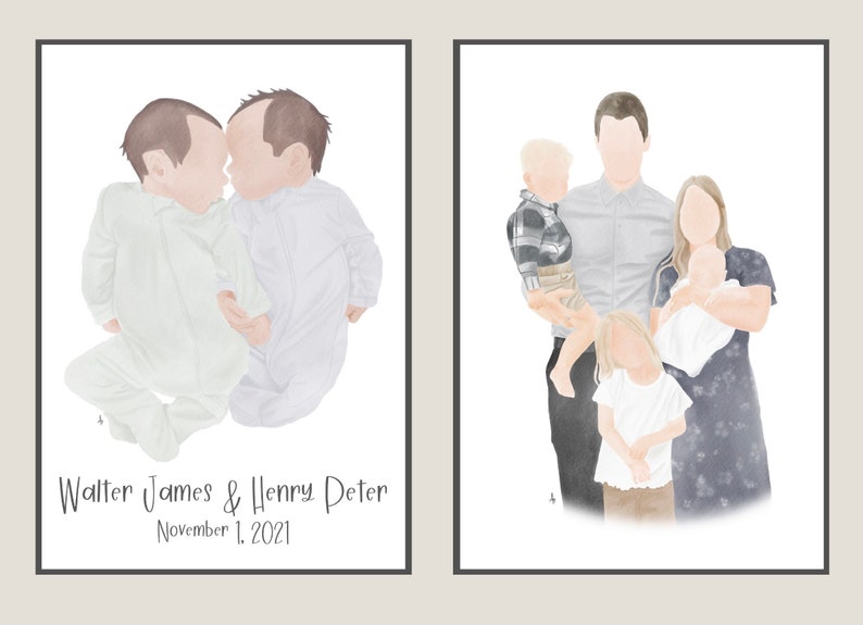 K&ouml;nnte beinhalten: Zwei Aquarell-Illustrationen von Familien. Die erste zeigt zwei Babys, Walter James und Henry Peter, geboren am 1. November 2021, die sich gegen&uuml;berstehen. Die zweite zeigt eine f&uuml;nfk&ouml;pfige Familie, bestehend aus Vater, Mutter und drei Kindern.