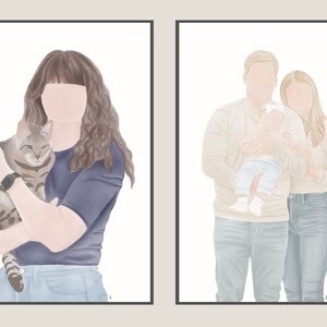 K&ouml;nnte beinhalten: Zwei digitale Illustrationen. Die erste zeigt eine Person, die eine getigerte Katze h&auml;lt. Die zweite zeigt eine dreik&ouml;pfige Familie, einen Mann, eine Frau und ein Baby.